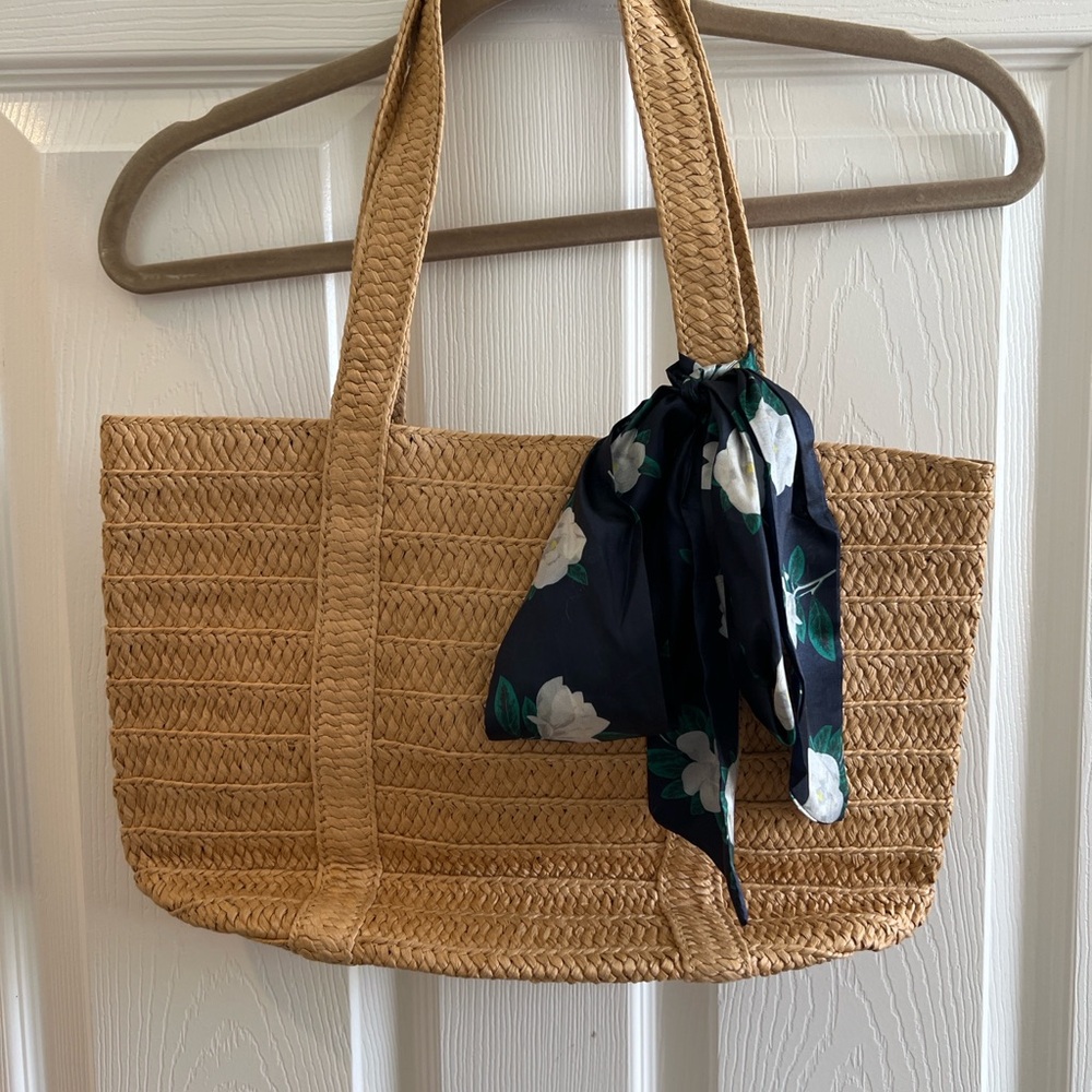Draper James Straw Tote Bag with Floral Scarf Accent